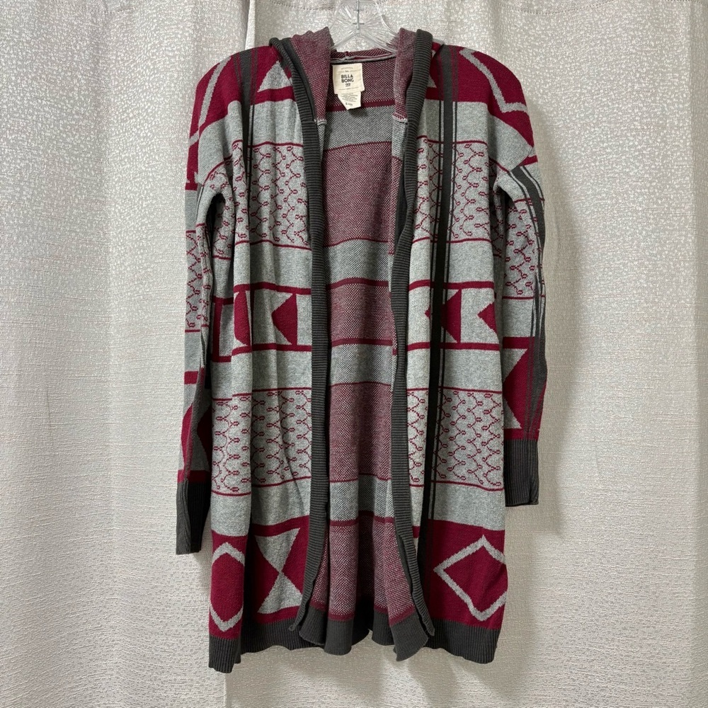 Billabong Women’s L Gray and Maroon Aztec Southwest Open Front Hooded Cardigan